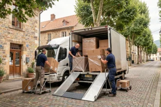 Équipe de déménageurs professionnels chargeant un camion blanc dans une rue typique de Haute-Saône