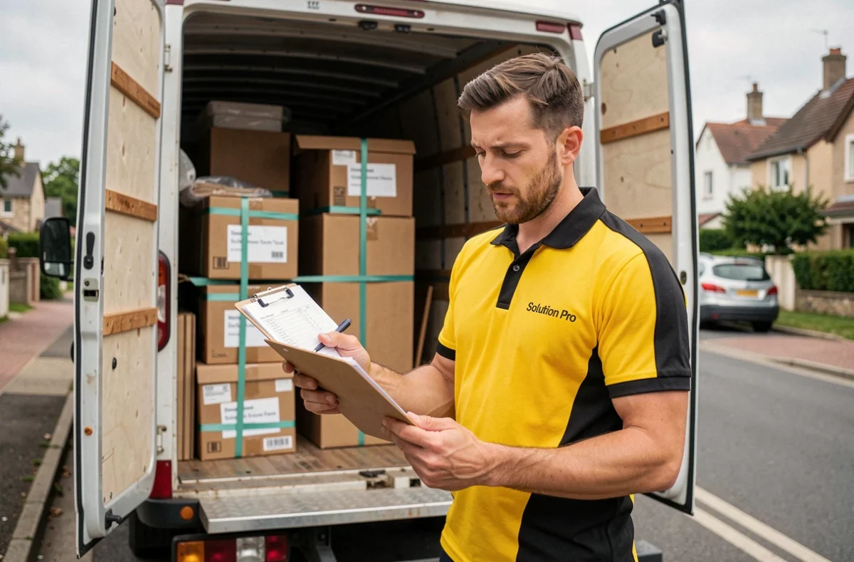 Déménageur de Déménagement Solution Pro vérifiant un inventaire devant un camion chargé