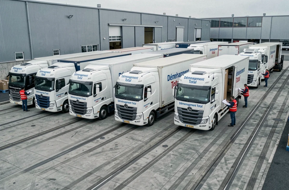 Flotte de camions de Déménagement Total alignée dans une cour logistique avec des employés en gilets rouges