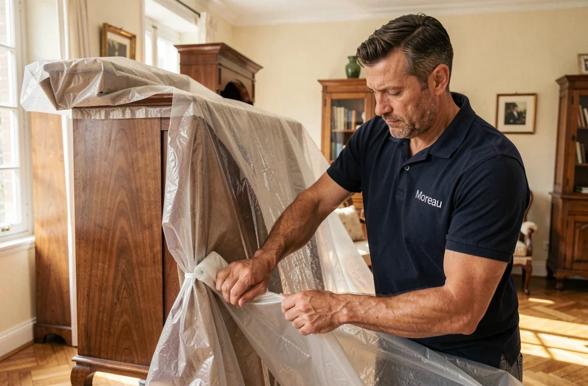 Déménageur de Déménagements Moreau emballant soigneusement une armoire en bois dans un appartement français