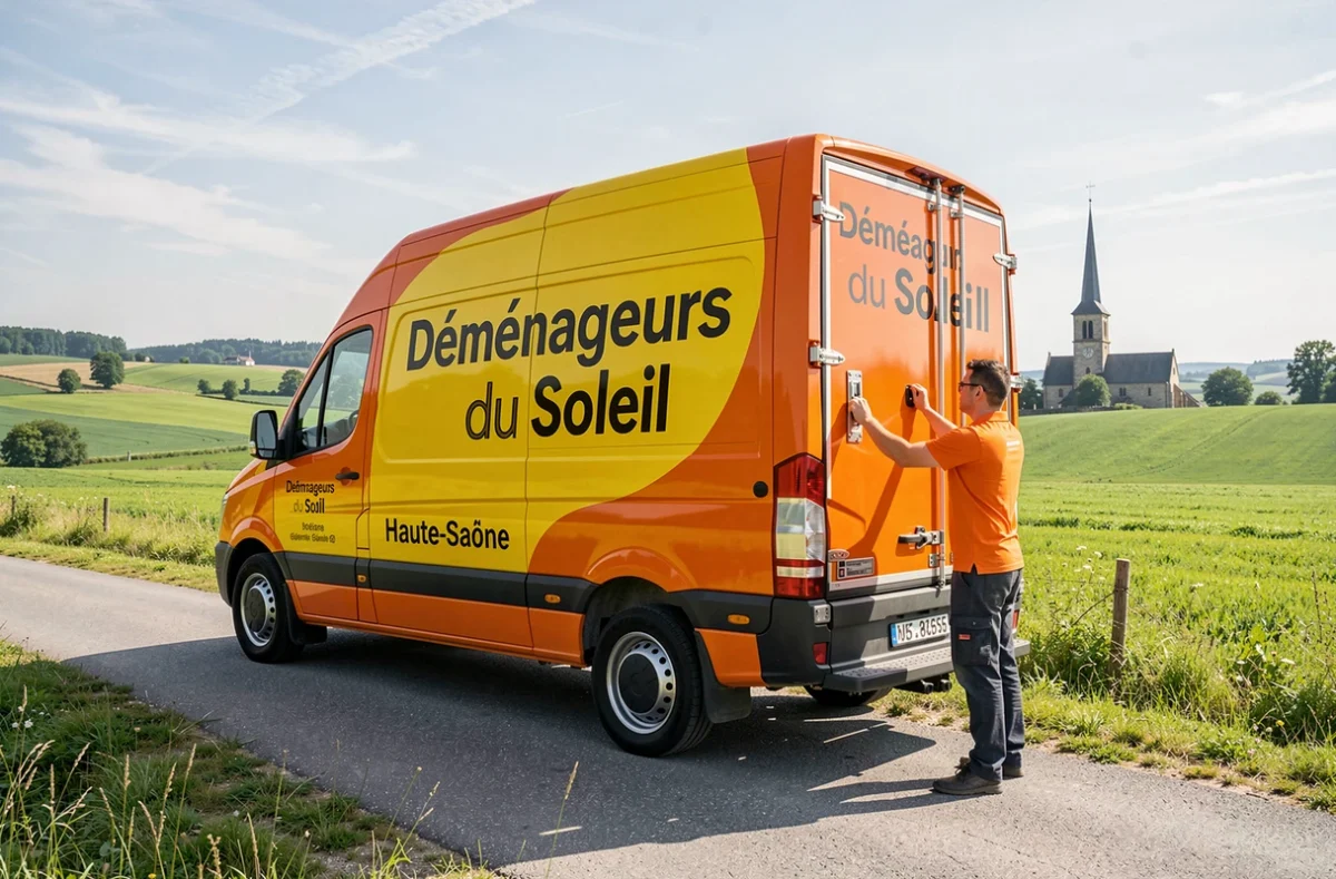 Camion aux couleurs vives de Déménageurs du Soleil garé sur une route de campagne en Haute-Saône