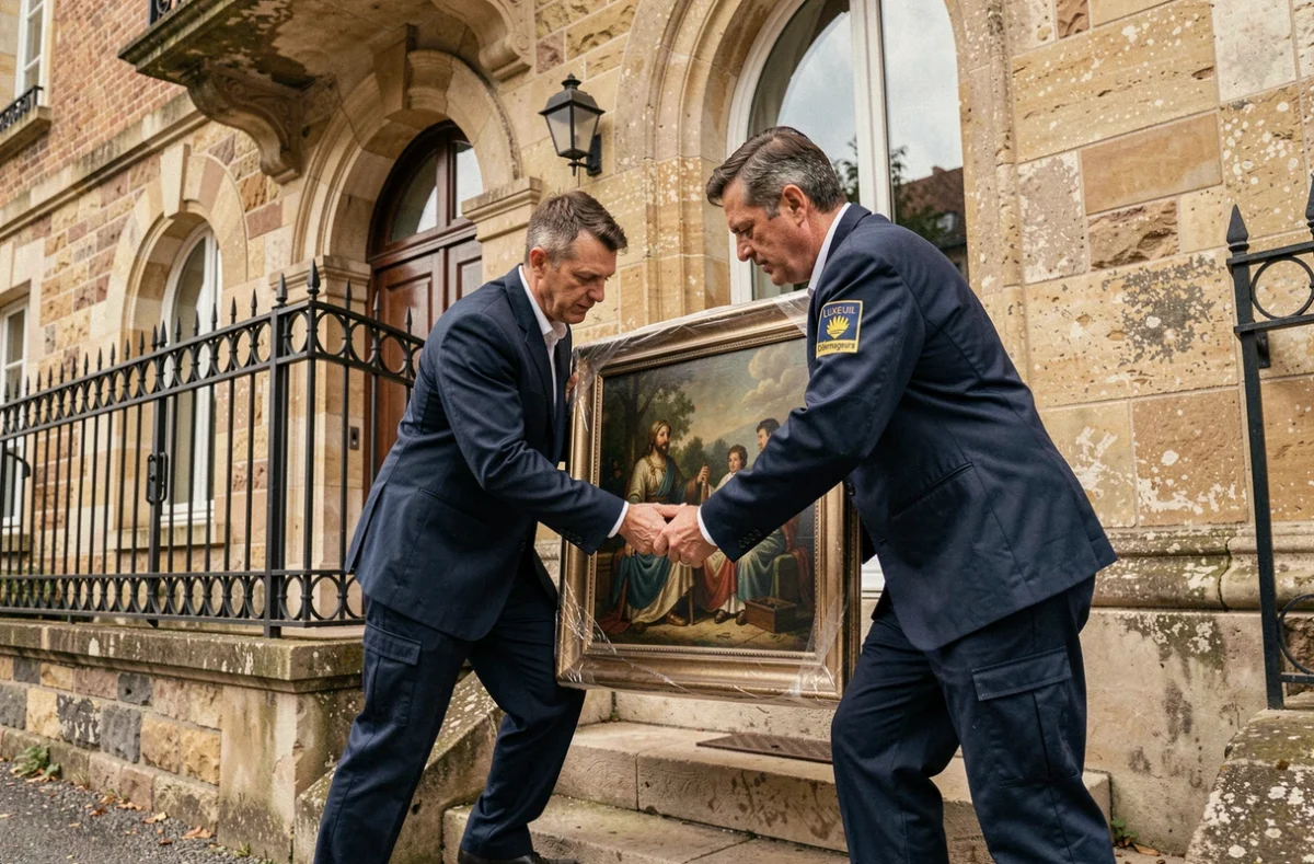 Déménageurs d'Aux Déménageurs de Luxeuil portant délicatement un tableau encadré devant une maison bourgeoise à Luxeuil-les-Bains