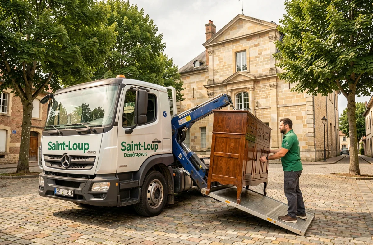 Déménageur de Déménageurs de Saint-Loup descendant un meuble sur un hayon hydraulique sur la place de Saint-Loup-sur-Semouse