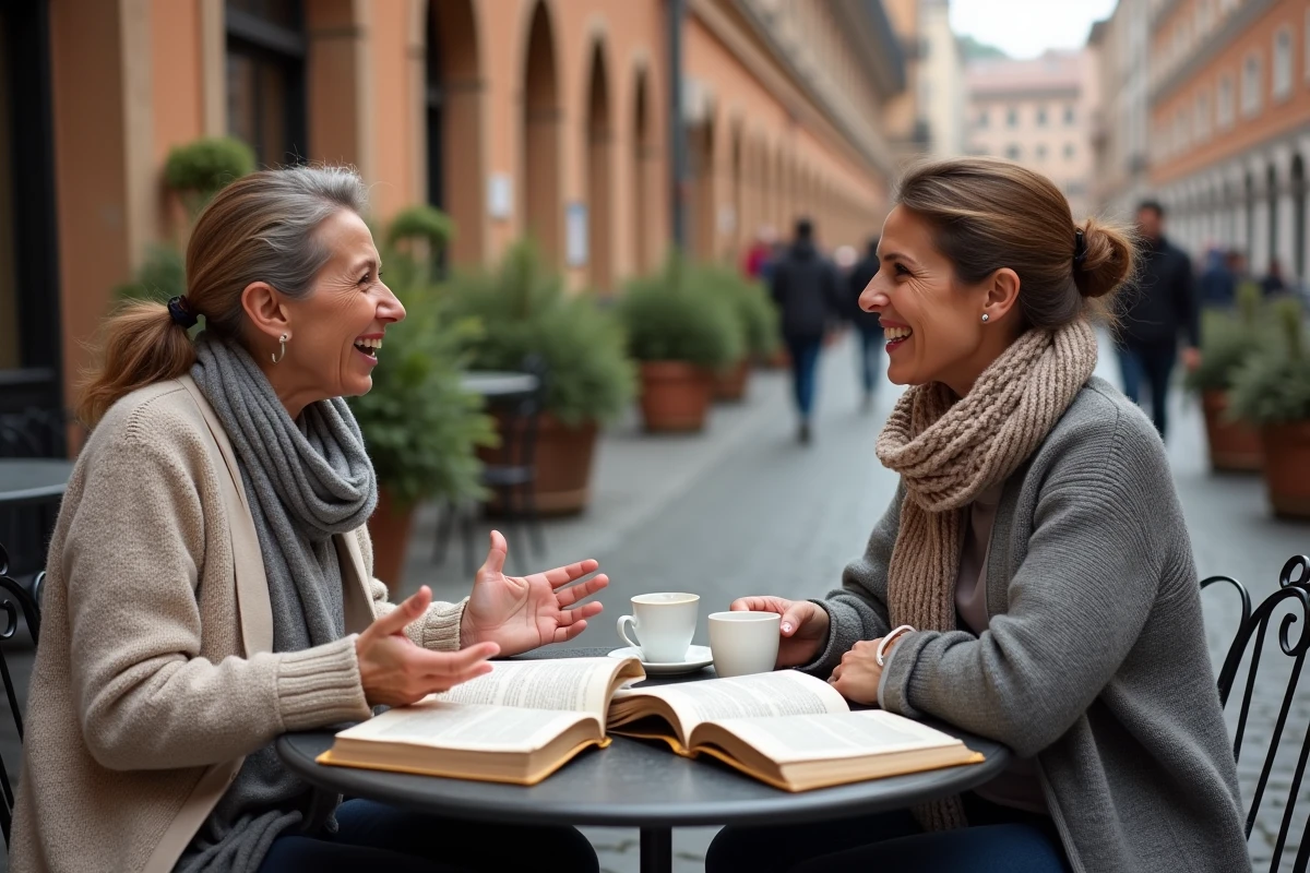 Deux traductrices discutant de la traduction d'un poème italien en français autour d'un café à Rome