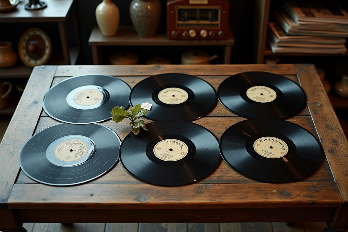 Disques 78 tours anciens posés sur une table en bois dans un magasin de brocante vintage
