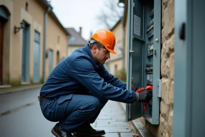 Électricien professionnel travaillant sur un tableau électrique dans une rue pavée du Doubs, avec des bâtiments en pierre typiques de la région en arrière-plan