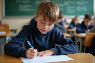 Élève de collège écrivant une fiche mémo sur un exemple de didascalie dans une salle de classe