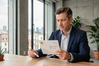 Employé de bureau barcelonais examinant une enveloppe officielle avec code postal d'entreprise