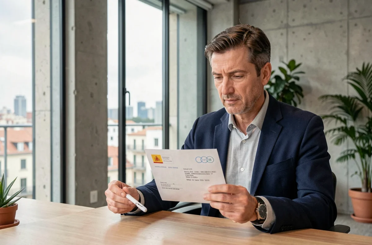 Employé de bureau barcelonais examinant une enveloppe officielle avec code postal d'entreprise