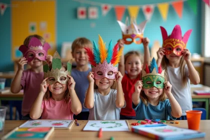 Groupe d enfants souriants avec masques colorés en classe