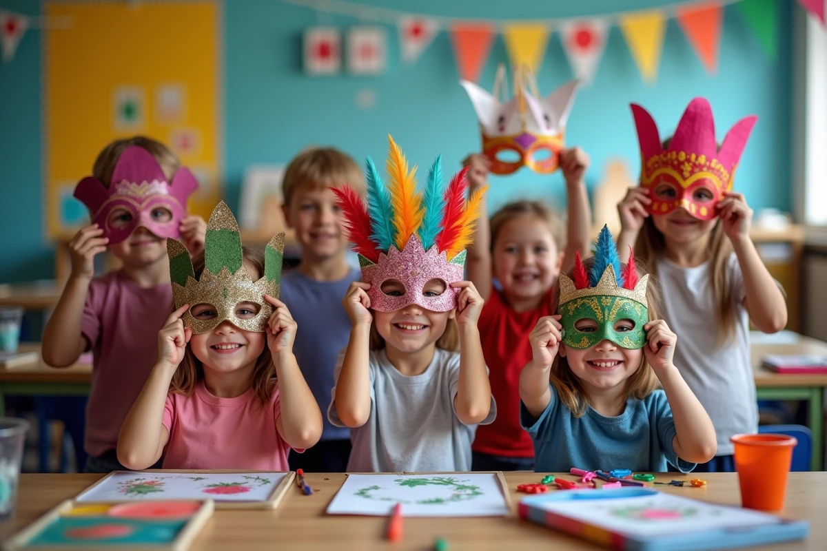 Groupe d enfants souriants avec masques colorés en classe