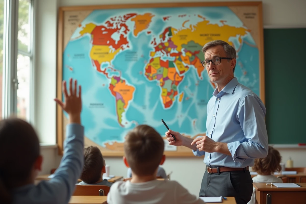 Enseignant montrant des capitales sur une carte du monde lors d'un jeu pédagogique en classe de géographie