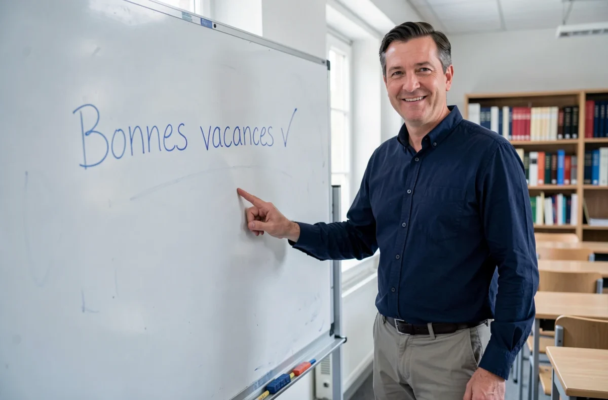 Enseignant expliquant la règle grammaticale 'bonnes vacances' devant un tableau de classe avec la correction écrite en bleu