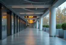 Entrée d'un bâtiment public moderne avec panneaux ERP