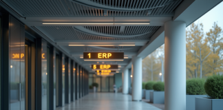 Entrée d'un bâtiment public moderne avec panneaux ERP