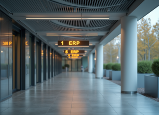 Entrée d'un bâtiment public moderne avec panneaux ERP