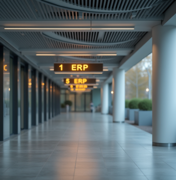 Entrée d'un bâtiment public moderne avec panneaux ERP