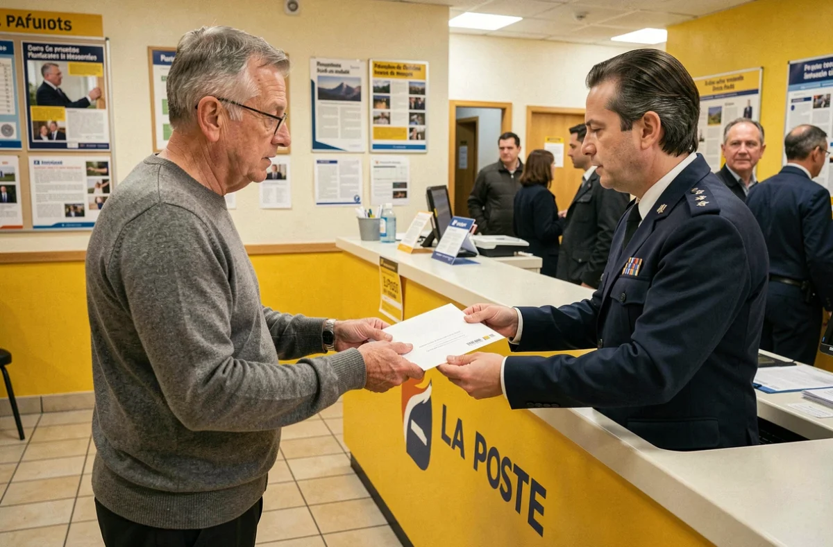Homme envoyant une lettre recommandée au guichet d'un bureau de poste