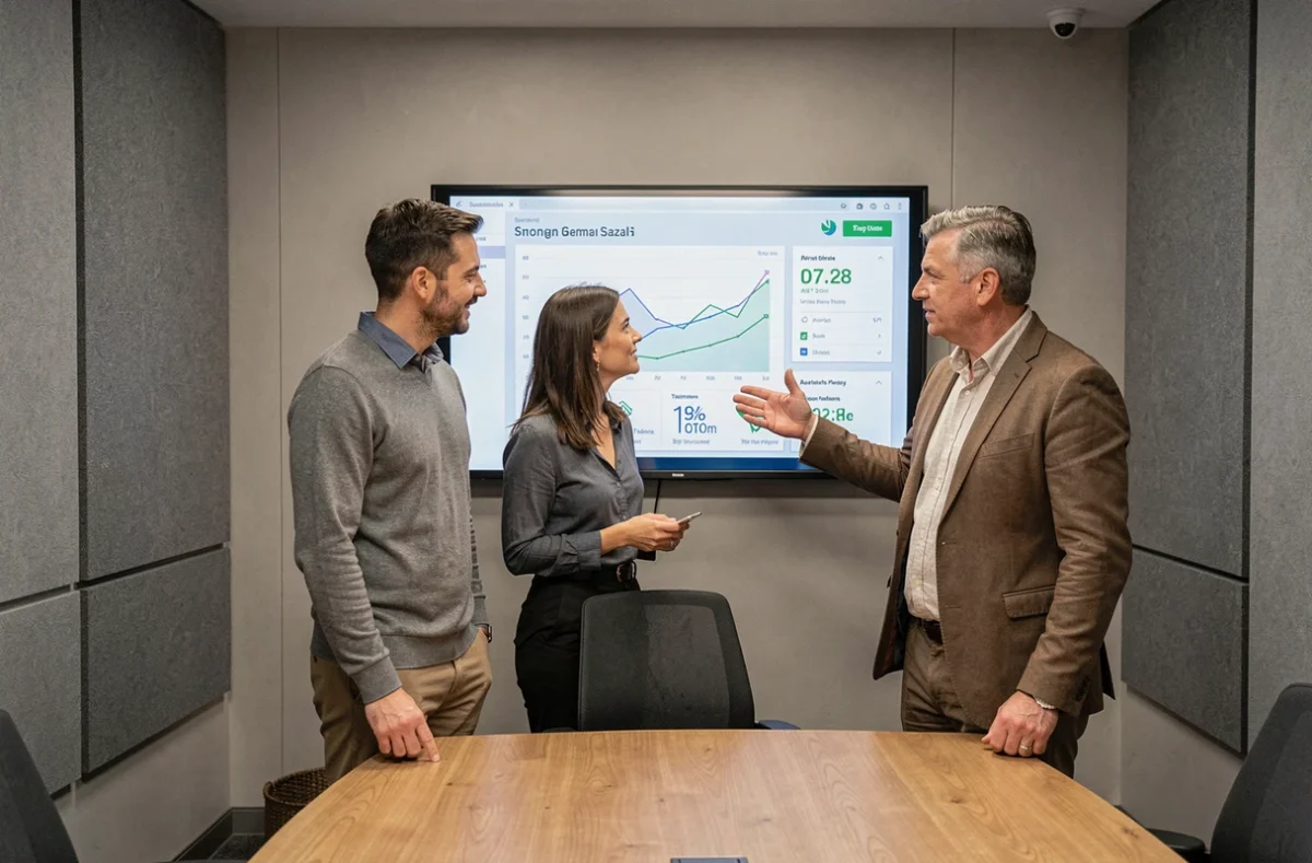 Équipe de professionnels analysant des indicateurs de transition durable sur un écran interactif lors d'une réunion collaborative