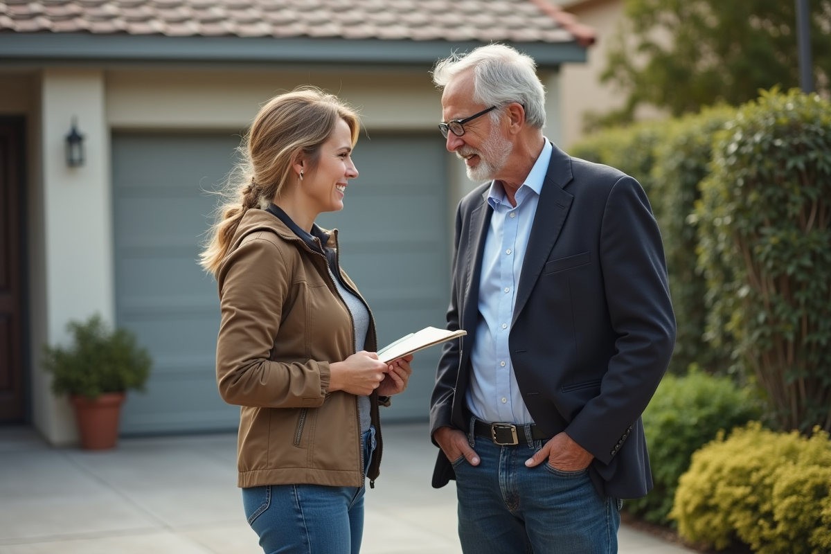 Estimatrice discutant avec un propriétaire devant une maison