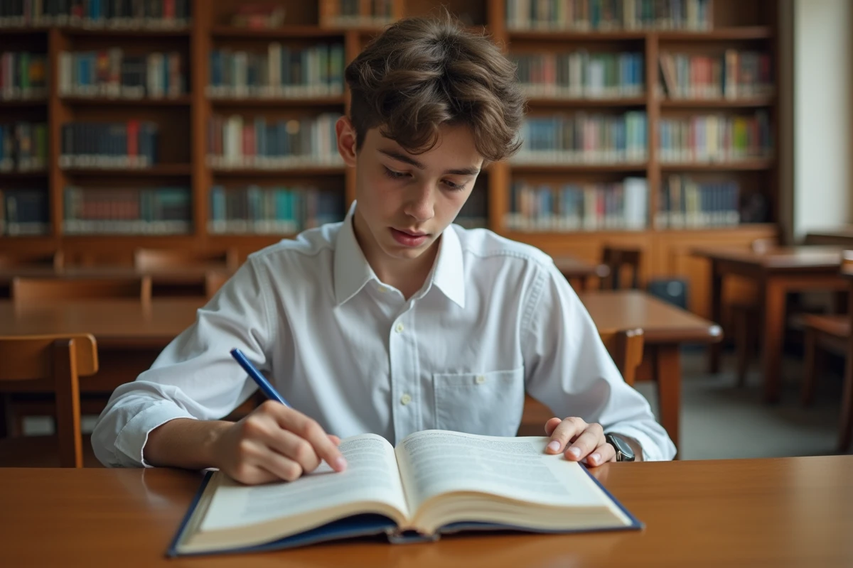 Étudiant en lycée qui étudie les règles d'orthographe sur les majuscules dans une bibliothèque scolaire avec des manuels de grammaire française