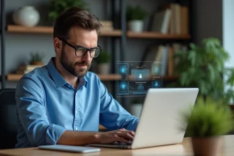 Homme en informatique analysant un écran d'ordinateur en sécurité