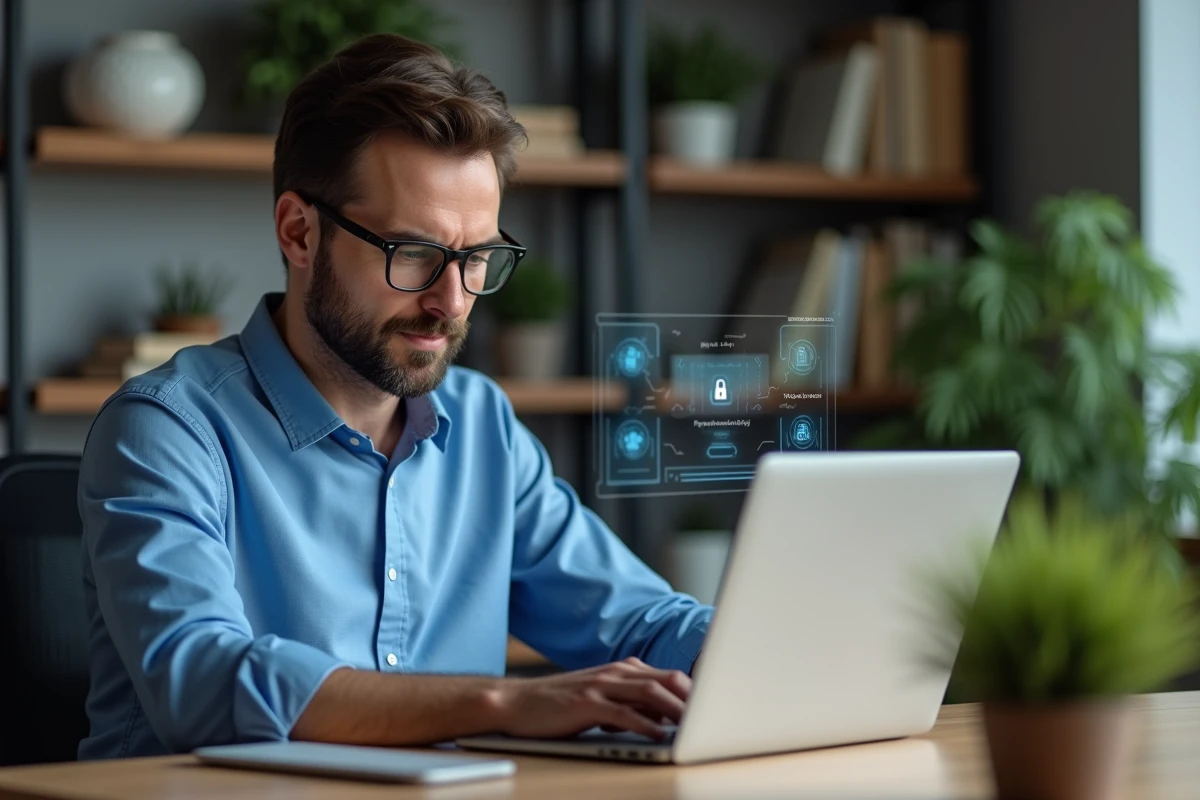 Homme en informatique analysant un écran d'ordinateur en sécurité