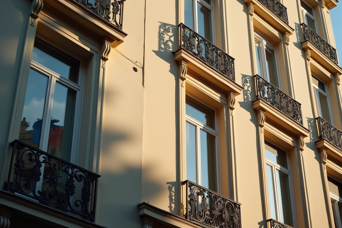 Façade d un immeuble parisien avec drapeau français reflet dans la fenêtre