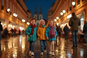 Famille souriante dans la place du Capitole à Toulouse la nuit