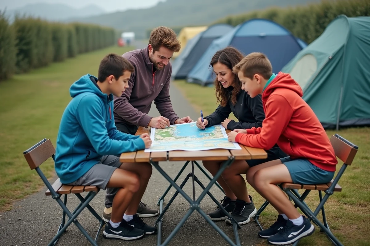 Famille de campeurs planifiant leurs sorties autour d'un tableau des marées et d'une carte côtière posés sur une table pliante devant leur tente à Hendaye