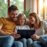 Comment le Service d’abonnement Télé Z simplifie votre quotidien télévisuel ? Famille souriante dans un salon moderne regardant une tablette