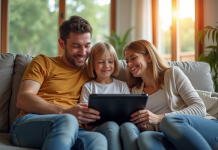Famille souriante dans un salon moderne regardant une tablette