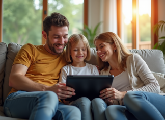 Famille souriante dans un salon moderne regardant une tablette