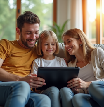 Comment le Service d’abonnement Télé Z simplifie votre quotidien télévisuel ? Famille souriante dans un salon moderne regardant une tablette