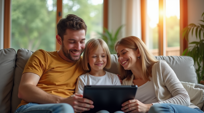 Famille souriante dans un salon moderne regardant une tablette