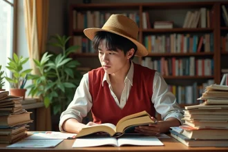 Fan de manga lisant le scan One Piece 1141 à son bureau entouré de volumes de la série