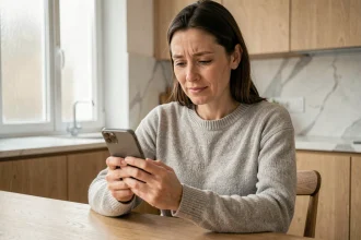 Femme consultant un annuaire inversé gratuit sur son smartphone pour identifier un numéro inconnu du 06
