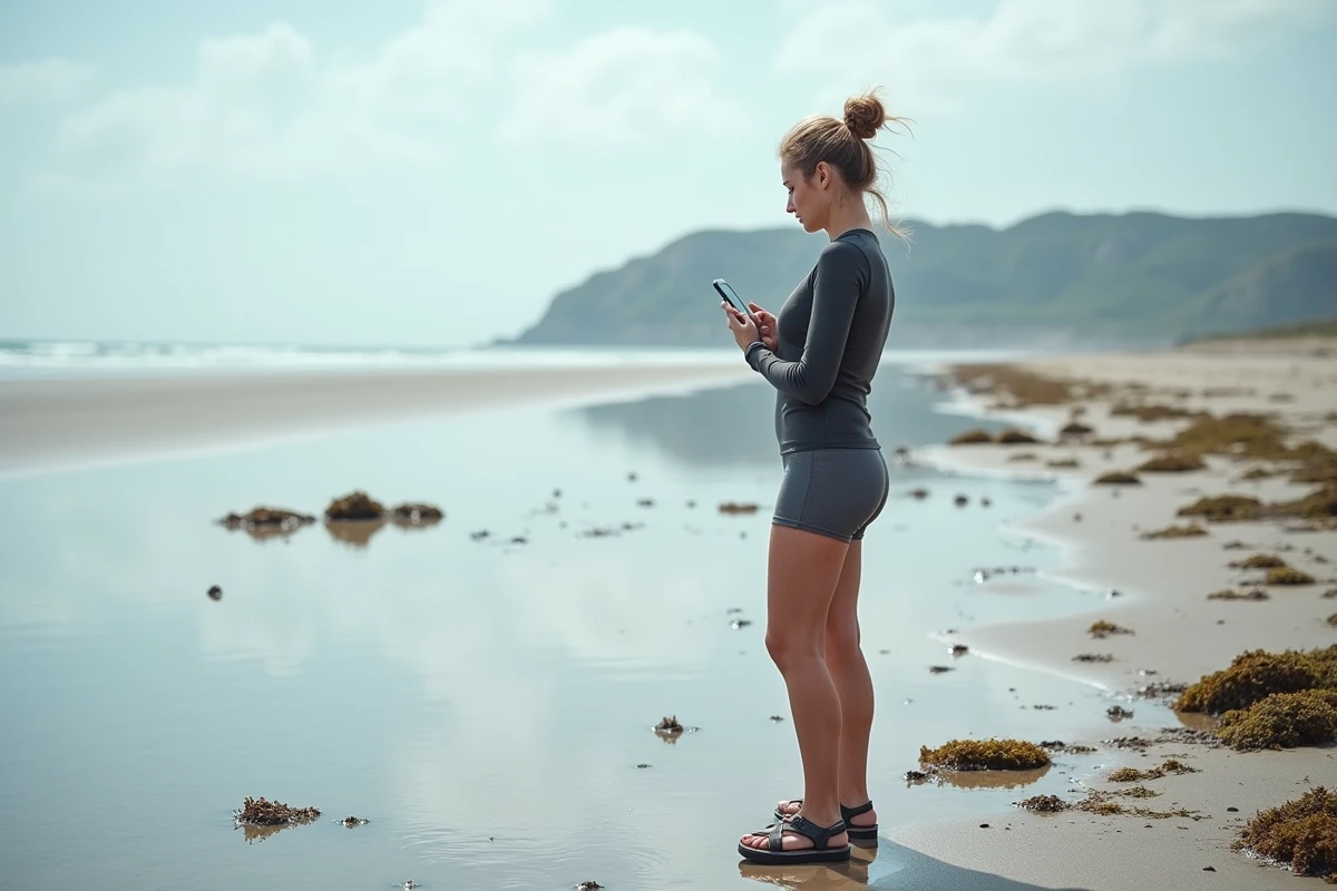 Femme consultant une application de marées sur smartphone au bord de la plage d'Hendaye lors d'une marée basse avec les bancs de sable à découvert