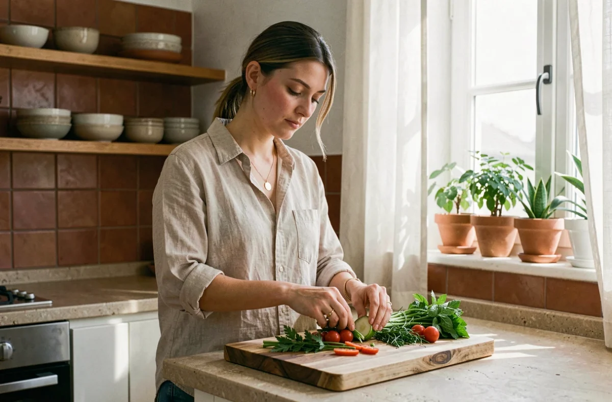 Femme posée et attentive préparant des légumes frais dans une cuisine naturelle, évoquant les valeurs de simplicité et d'authenticité appréciées par l'homme Vierge