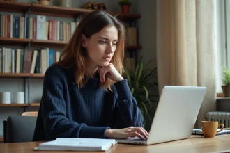 Femme lisant un avis sur le quiz Archange de Leptithebdo.net sur son ordinateur portable dans un bureau à domicile
