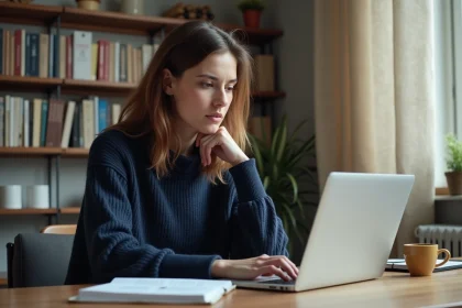 Femme lisant un avis sur le quiz Archange de Leptithebdo.net sur son ordinateur portable dans un bureau à domicile