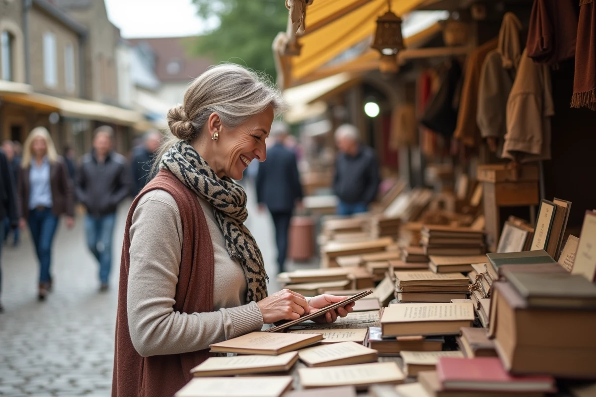 Femme souriante avec foulard vintage à la brocante normande