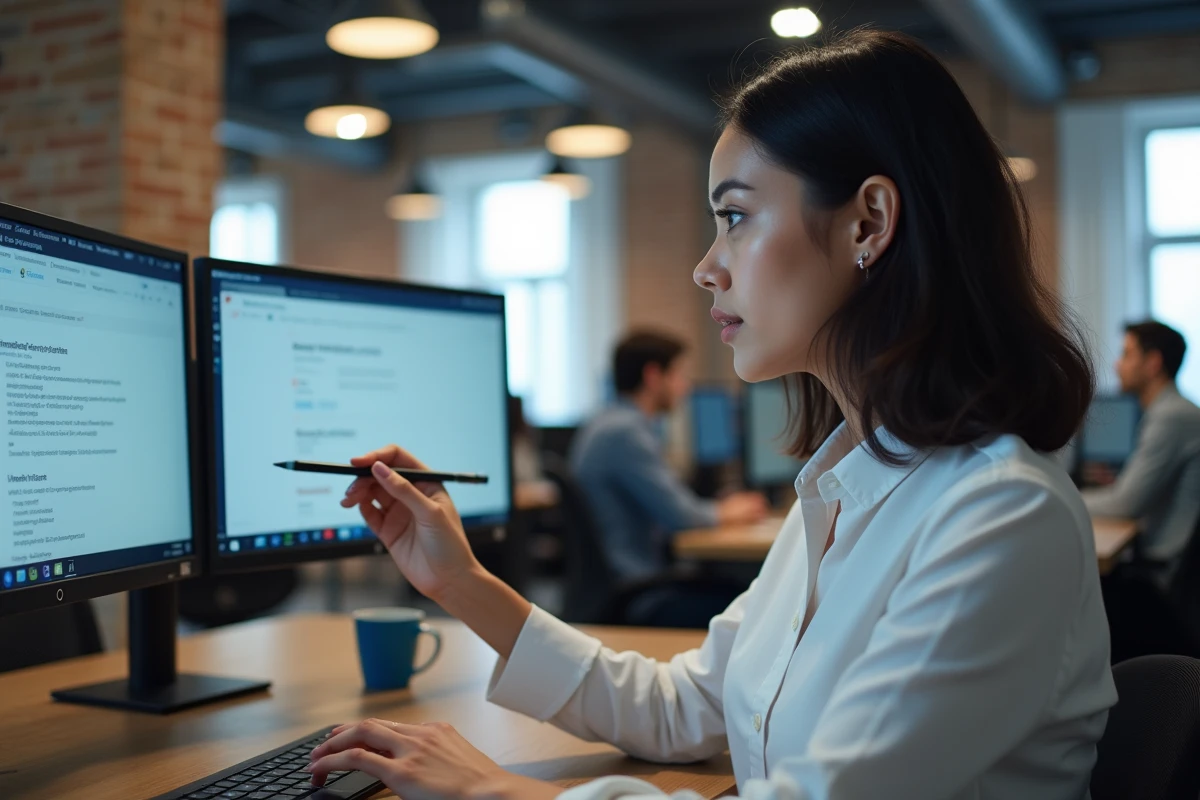 Femme en bureau open space consultant les paramètres de navigateur pour débloquer Epsilon Scan