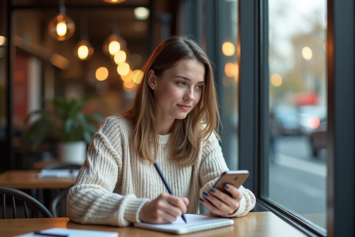 Jeune femme au café naviguant en ligne en toute securite