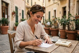 Femme écrivant une carte postale en terrasse avec un dictionnaire ouvert, illustrant le doute entre 'bons vacances' et 'bonnes vacances'