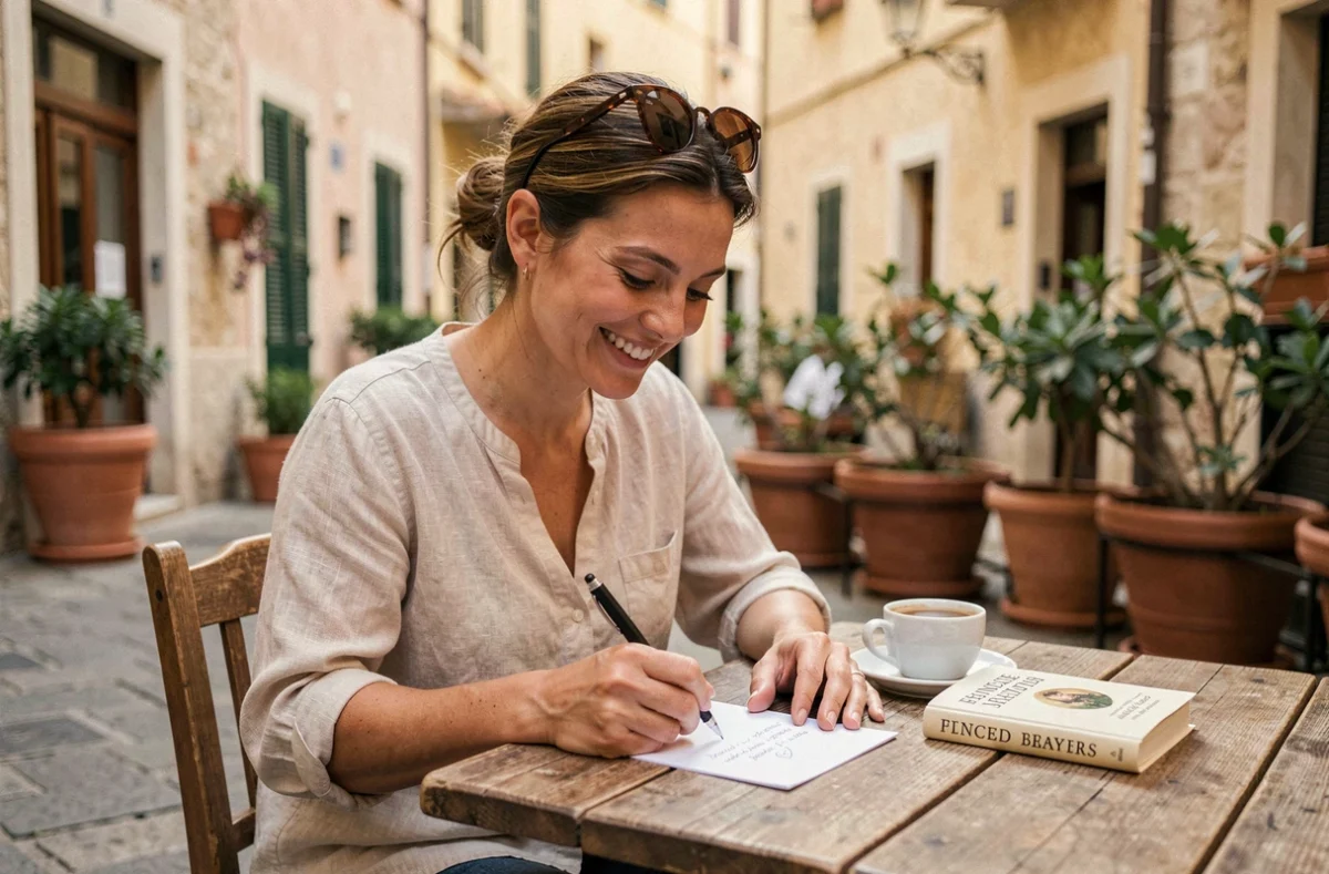 Femme écrivant une carte postale en terrasse avec un dictionnaire ouvert, illustrant le doute entre 'bons vacances' et 'bonnes vacances'