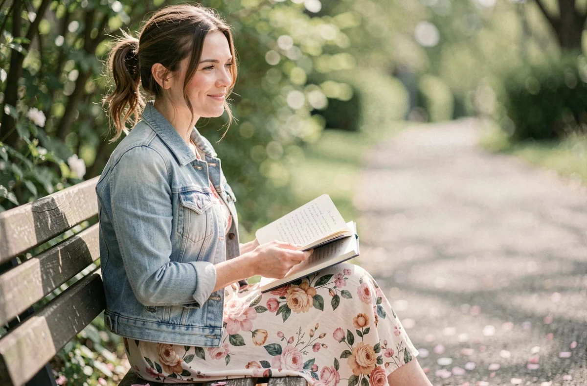 Jeune femme lisant des citations d'amour dans son journal intime sur un banc de parc printanier, expression rêveuse et romantique