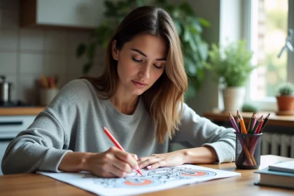 Femme en train de colorier un livre moto dans une cuisine moderne