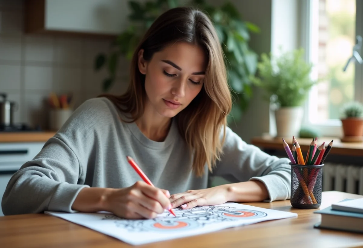 Femme en train de colorier un livre moto dans une cuisine moderne