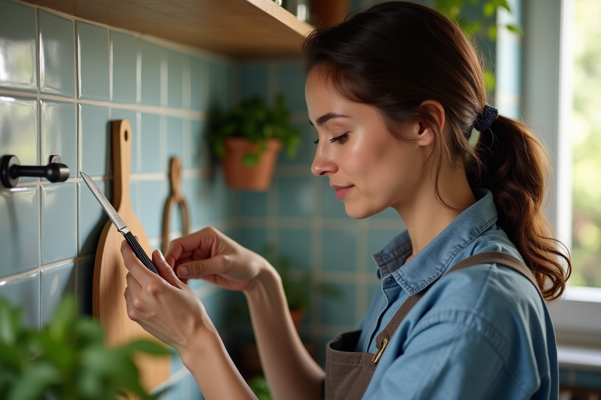 Jeune femme choisissant un couteau Pradel dans une cuisine chaleureuse